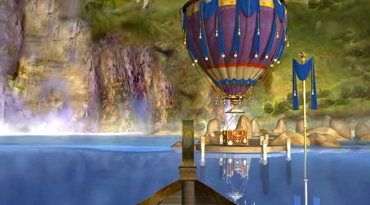 A hot-air balloon moored at a jetty on still water below a waterfall, from The Passage