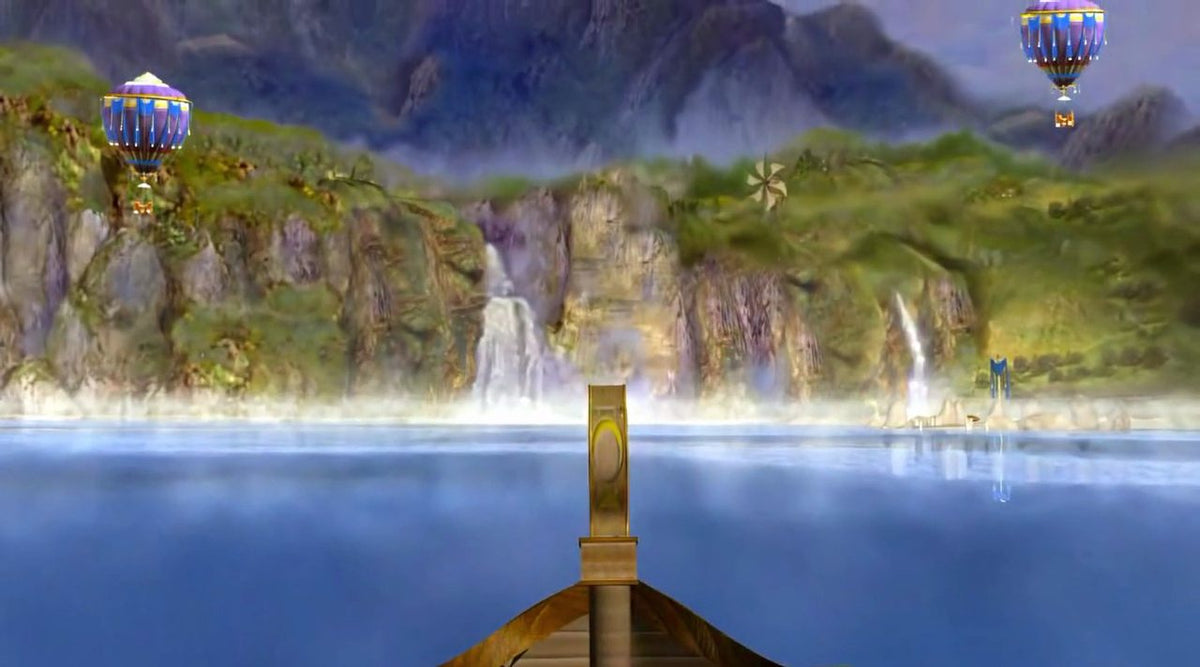 The balloon voyage from the remastered Passage, rising over water and cliffs